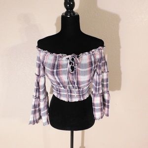 Blue and Pink Bell Sleeve Crop Top